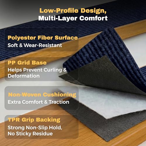 MBIGM 8" X 30" (15 in Pack) Non-Slip Carpet Stair Treads Non-Skid Safety Rug Slip Resistant Indoor Runner for Kids Elders & Pets with Reusable Adhesive - Navy - Carpet Pads for Stairs