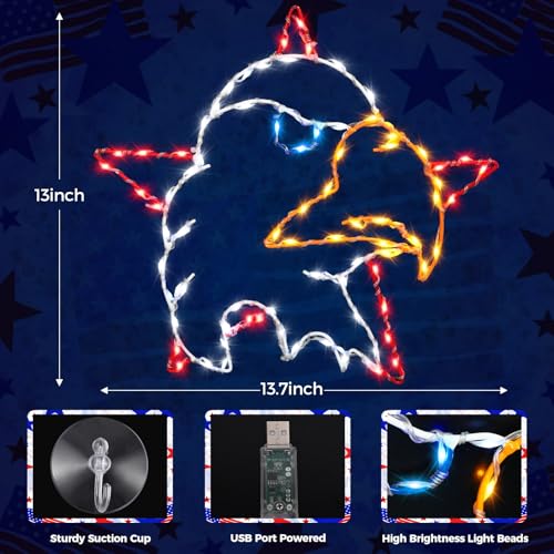13.7" 4th of July Window Silhouette Light, 4th of July Eagle Decorations with 60 LED Red White Blue Lights, USB Powered with Remote & Timer, Independence Day Decoration for Indoor & Outdoor