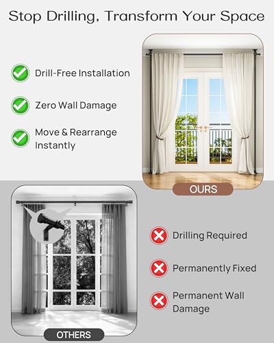 ALLZONE Tension Curtain Rods for Windows, Adjustable 31 to 83 Inch Wide, Freestanding Curtain Rods No Drilling, Apartment Renter Friendly, Heavy Duty, for Room Divider, Doorway, 63 to 130 Inches Tall