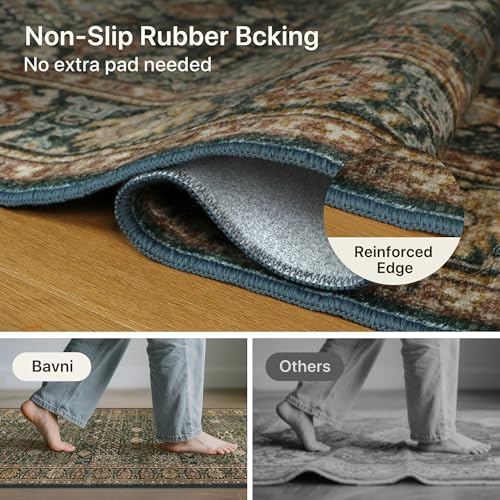 Bavni Washable Rugs 8x10-Machine Washable Rug Lightweight Low Pile, Vintage Floral Rug Non-Shedding Distressed Throw Carpet for Living Room Bedroom Office, Dark Green/Multi
