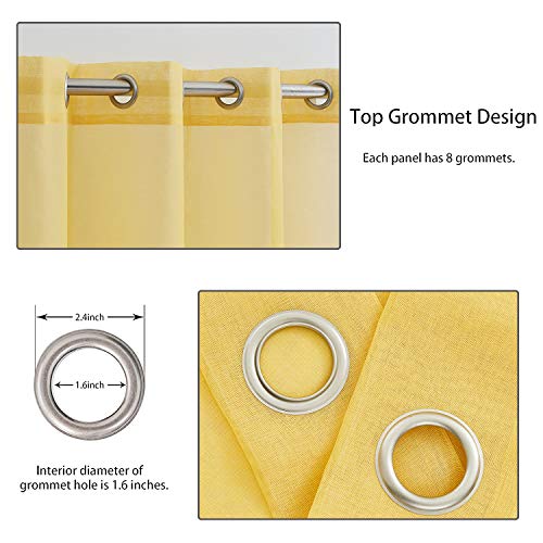 July Joy Semi Linen Look Sheer Curtains for Bedroom, Living Room Grommet Light Filtering Solid Voile Window Curtains, Set of 2 Panels (52 x 84 inch, Yellow)