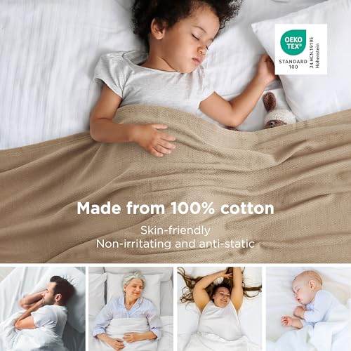 Bedsure GentleSoft 100% Cotton Large Throw Blanket for Couch 50x70 inches - Breathable and Lightweight, Soft Cozy Herringbone Woven Cotton Throw for Summer Spring, Light Brown Office Chair Blanket