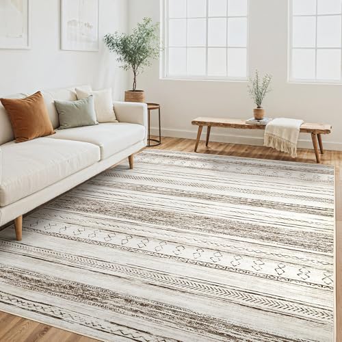 Tortania Area Rug Living Room Rugs - 5x7 Washable Large Soft Neutral Boho Moroccan Bohemian Farmhouse Rug Indoor Floor Carpet for Bedroom Under Dining Table Home Office Decor - Cream Brown
