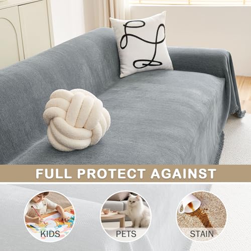 hyha Couch Cover for Dogs, Boho Sofa Covers for 3 Cushion Couch Washable, Chenille Sofa Slipcover for Pets, Soft Loveseat Sectional Couch Throw Blankets with Tassels (Grey, 71x118 Inch)