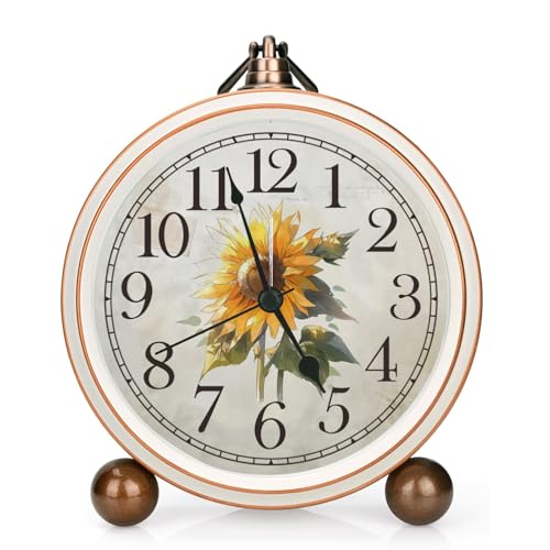 Classic Vintage Table Clock - 5.2in Cute Sunflower Analog Clock, Silent Non-Ticking Desk Clock with Distressed Metal Frame for Office, Living Room or Bedroom (Sunflower)