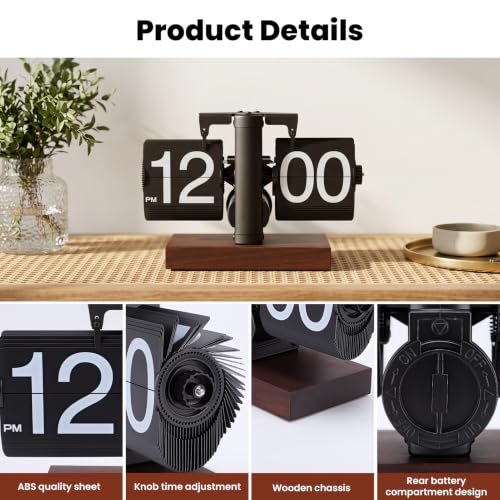 VINGVO Digital Flip Down Clock, Retro Flip Desk Clock, Battery Operated Mechanical Clock, Internal Gear Operated Time Clocks for Home Room Office Desk & Shelf Decoration (Black)