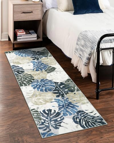 Wonnitar 2x6 Washable Runner Rug, Blue Leaf Kitchen Rug Runner with Rubber Backing, Tropical Coastal Low Pile Entry Carpet Soft Non-Shedding Bedside Mat for Bedroom Entrance Laundry