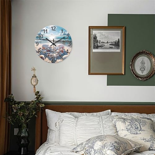 XNM Analog Blue Beach Wall Clocks for Living Room Coastal Sea Shell Wall Clocks Battery Operated 12 Inch Modern Round Glass Wall Clock Non Ticking