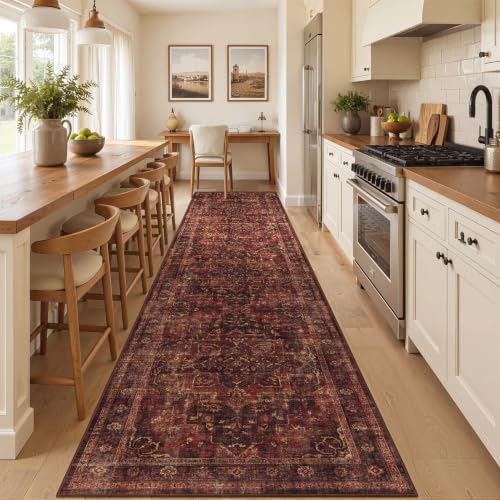 Washable Hallway Runner Rug 2'x10', Vintage Medallion, Dark Red