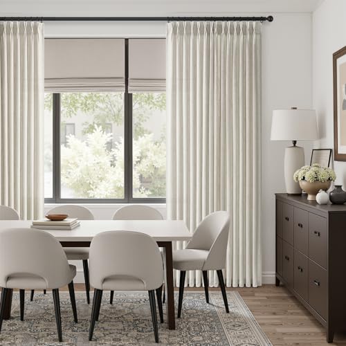 Natural Pinch Pleated Linen Curtains 96 Inches Long for Living Room Bedroom Birch Thick Linen Textured Memory Trained Light Filtering Back Tab Pleated Cream Drapes with Hooks Rings 8 FT
