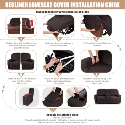 VANSOFY Recliner Loveseat Cover with Middle Console Stretch Reclining Sofa Slipcover for 2 Seat Jacquard Reclining Couch Sofa Covers Furniture Protector with Elastic Straps Bottom(Chocolate)