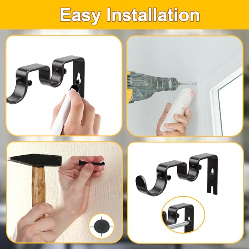 Double Curtain Rod Bracket,3 Pack Metal Curtain Rod Holders for Wall,Sturdy Curtain Rod Brackets for 1 Inch Curtain Rod,Black Wall Mounted Curtain Rod Hooks for Bedroom Living Room Patio