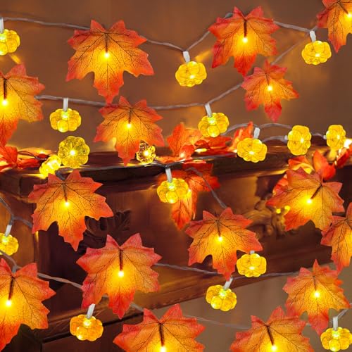 2 Pack & Timer - Fall Garland with Pumpkin Lights Fall Decorations for Home Total 60LED 20Ft Enlarged Maples Leaves Fall Lights Battery Operated Halloween Thanksgiving Christmas Decor Wedding Party