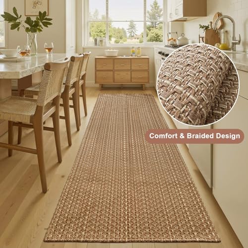 Tan Brown Boho Faux Jute Runner Rug 2x8 ft,Braided Non Slip Hallway Rug