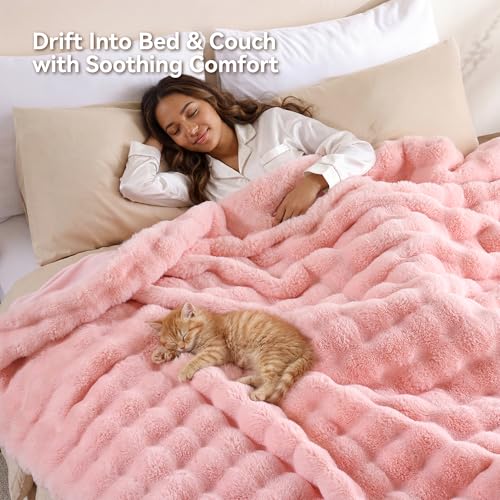 Smoofy Faux Fur Throw Blanket for Couch - Blush Pink Super Soft Cozy Bubble Blanket, Fluffy Plush Fuzzy Throw for Sofa & Bed, Thick Lightweight Warm Blanket, Luxury Aesthetic Gift for Women 50"x60"