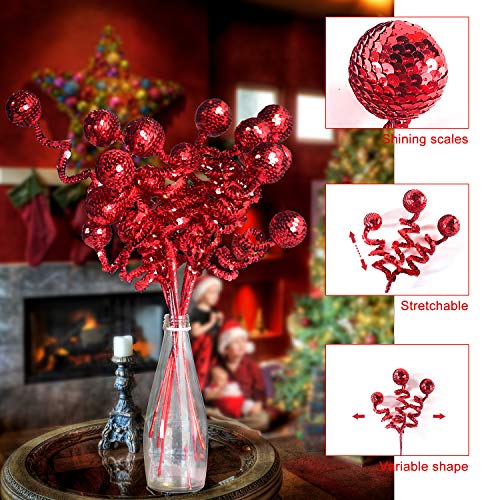 6PC Set Red Christmas Tree Decoration Sequins Ball Curly Pick, Christmas Tree Decorations Christmas Tree Topper Star Home Office Perfect Party Decorations Gifts