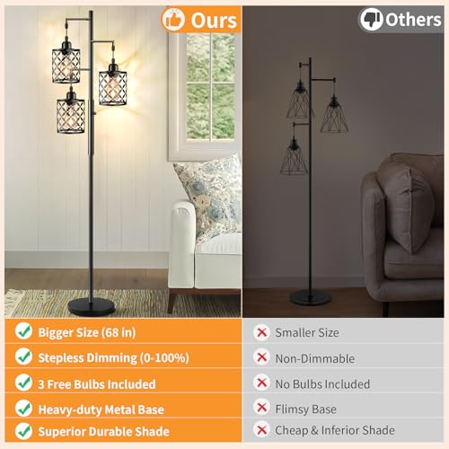 Dimmable Floor Lamp, Farmhouse Standing Lamp with Elegant Metal Cage, Industrial Tall Tree Floor Lamps for Living Room Bedroom Study Room Office, 3 x 800LM LED Bulbs Included - 68", Black