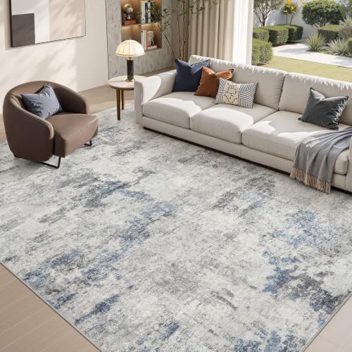 DMOYEST 8x10 Area Rug for Living Room, Washable & Non Slip Large Indoor Carpet, Kid & Pet Friendly Soft Thin Low Pile Abstract Rug for Bedroom and Office - Grey Blue