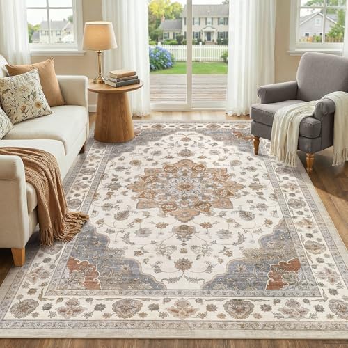 Washable Area Rug 5x7 Non-Slip Floral Boho Carpet, Beige/Ivory
