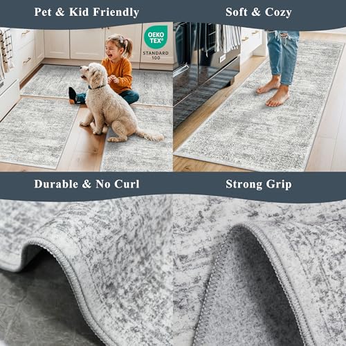 Washable Rug 2x3 for Entryway, Small Non-Slip Kitchen Throw Mat for Sink, Soft Low-Pile Stain & Fade-Resistant Indoor Mat for Pet Area & Bathroom (Grey/Ivory)