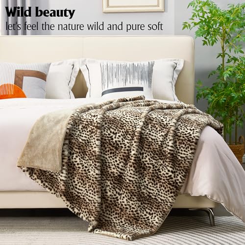 DREAMNINE Luxury Brown Cheetah Print Faux Rabbit Fur Blanket for Couch 50" x 60",Decorative Soft Thick Fluffy Leopard Furry Blankets, Warm Blankets for Winter,Animal Print Cozy Chic Fuzzy Lap Blanket