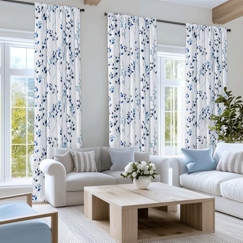 Beauoop Floral 100% Blackout Curtains 72 Inch Length 2 Panels for Bedroom Living Room Navy Blue and White Flower Patterned Room Darkening Thermal Soundproof Rod Pocket Back Tab Window Drapes, 52X72