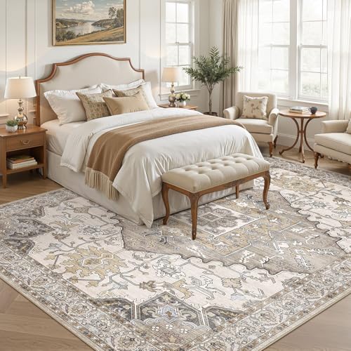 8x10 Area Rugs for Living Room: Non Slip Neutral Washable Brown Rug, Soft Stain Resistant Indoor Floor Carpets for Bedroom Dining Decor Farmhouse Home Office Kid & Pet Friendly