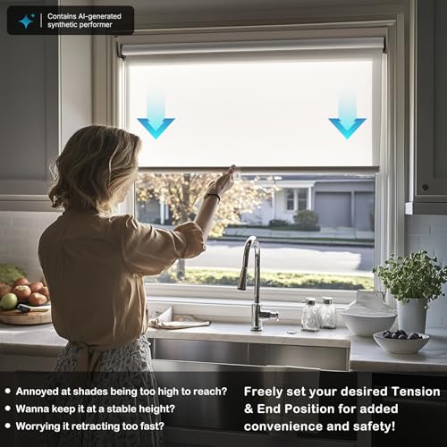 HESTIA No Drill Cordless Blackout Roller Shades Screwless Waterproof Shower Window Blinds, Auto-Retraction Easy Install Blind for Bathroom/Kitchen/Office/Exterior, White, 22" W x 54" H