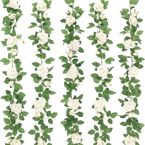 ZIFTY 5Pcs 32.5FT Flower Garland Artificial Rose Vine White Fake Silk Floral Hanging for Wedding Arch, Garden Tea Party Backdrop Room Decor and Home Decoration Outdoor Wall Decor