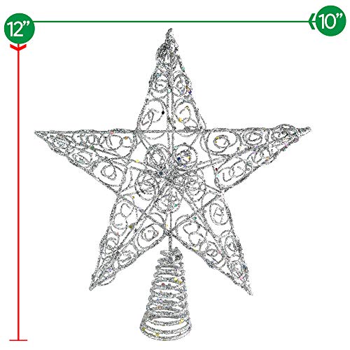 Ornativity Silver Star Tree Topper - Christmas Swirl Design Sparkle 3-D Dimensional Hallow Xmas Trees Top Star Decor Treetop Ornament Decorations