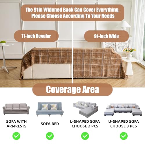 Couch Cover for Dogs Washable Sofa Cover, Sectional Couch Covers, Sofa Covers for 2 Cushion Couch, Non Slip Stripe Sofa Slipcovers Furniture Protector (Brown Checkered 71x134)