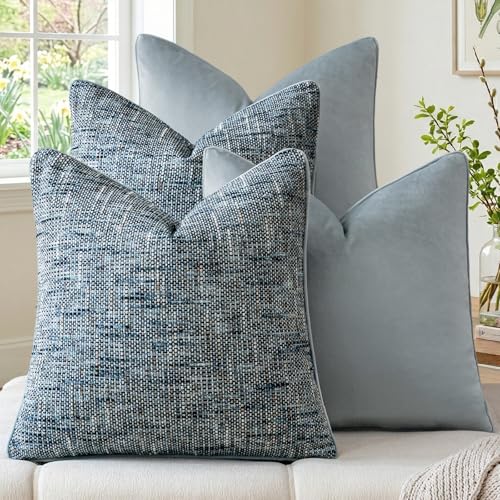 a moment Light Blue 4 Pack Throw Pillow Covers - Chenille & Velvet Set with Piping, Farmhouse Textured Design Pillow Cases for Couch Sofa Bed Livingroom (18x18 Inch, No Insert)