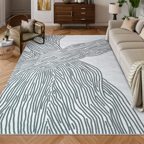 Grey Rug for Living Room, 5×7 Modern Abstract Area Rug, Geometric Contemporary Wave Striped Rugs for Playroom Nursery, Washable Nonslip Large Rug for Bedroom Dining Room