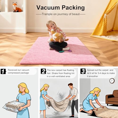 Pink Rug for Bedroom, 2x3 Fluffy Area Rugs for Living Room, Small Fuzzy Shag Soft Carpet with 4 Non-Slip Adhesive Strips for Kids Boys and Girls Nursery Dorm Room Home Decor (2ft X 3ft)