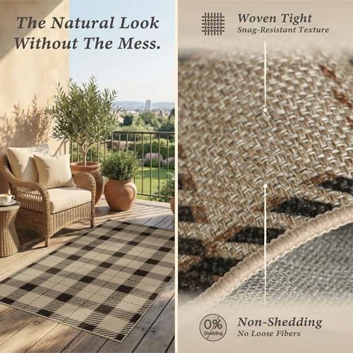 Washable Plaid Indoor Outdoor Rug 3x5 for Front Porch, Entryway, Patio, No Shed Easy Jute Non Slip TPR Backing Area Rug for Large Kitchen, Farmhouse Black & Tan Checkered Seagrass Aesthetic