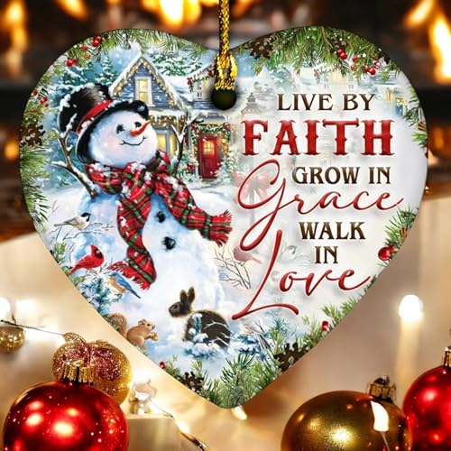 2025 Christmas Ornament - Inspirational Snowman Ceramic Ornament - Live by Faith, Grow in Grace, Walk in Love, Keepsake for Faithful Celebrations, for Family, Friends