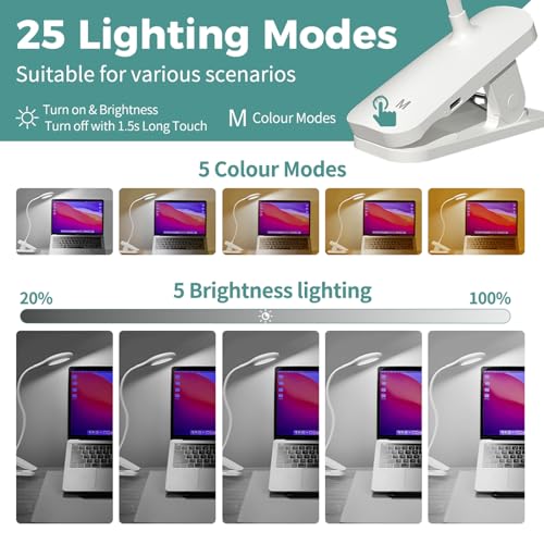 Clip on Reading Light for Bed Headboard, Rechargeable Battery Clamp on Bunk Bed Light, 5 Colors 5 Brightness Flexible Neck Desk Lamp, Eye Protect LED Touch Control Book Lights at Night for Kids