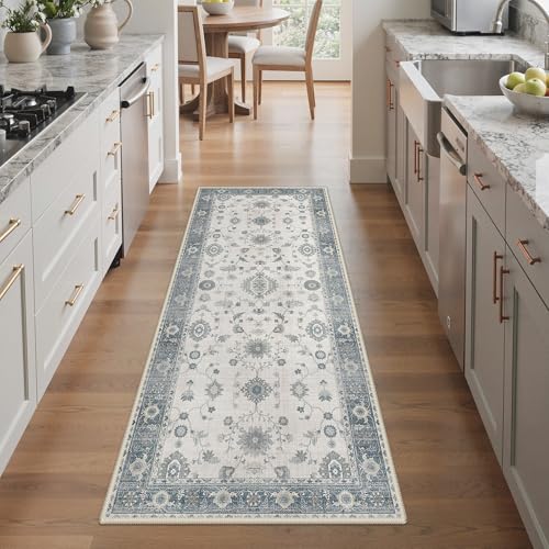 GENIMO 3x7 Non Slip Runner Rug, Washable Lightweight Hallway Misty Blue