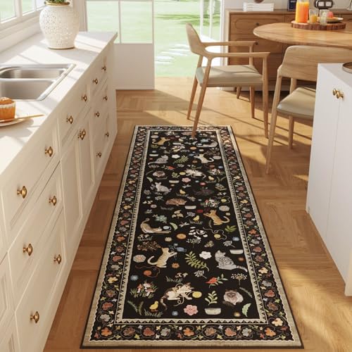 Rugcomf Runner Rug 2x6 Washable Non Slip Floral Animal Cat, Black