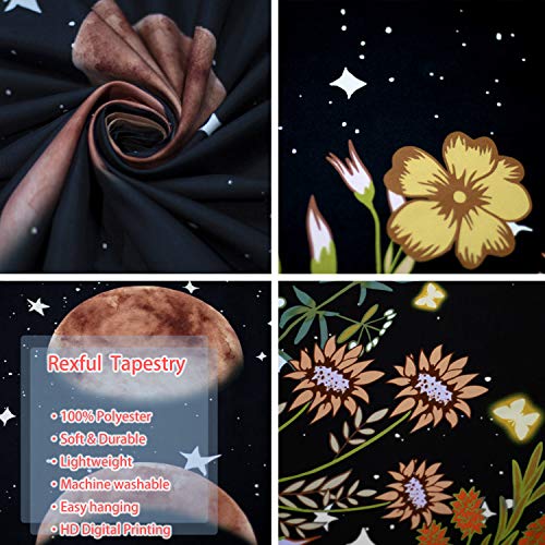 Rexful Moonlit Garden Tapestry, Moon Phase Surrounded by Plants and Flowers Black Wall Hanging Blanket 36×48 inch