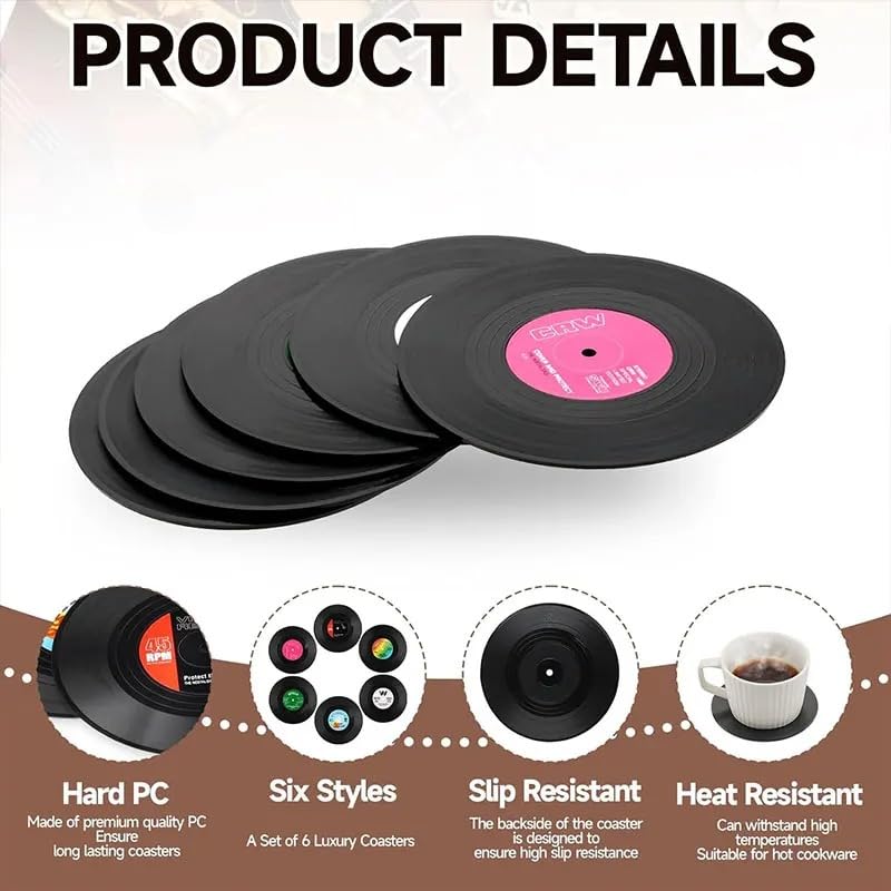 6pcs Funny Retro Vinyl Record Coasters for Drinks Creative Music Drink Coasters for Music Lovers Home Decor Housewarming Gift Wedding Gift Ideas