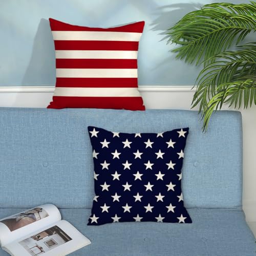 4th of July Pillow Covers 18 x 18 Inch Set of 2 Patriotic Red Stripe Navy Blue Stars Throw Pillows Independence Day Memorial Day Outdoor Decorative Pillowcase Linen Cushion Cases for Bed Sofa Couch