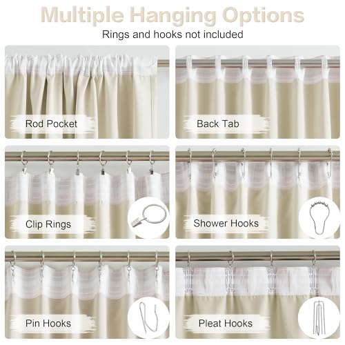 DUALIFE Beige Curtains 102 Length 2 Panels, Cream Blackout Curtains Thermal Insulated Window Treatment Room Darkening Drapes for Living Room Back Tab/Rod Pocket, 52 by 102 Inches Long