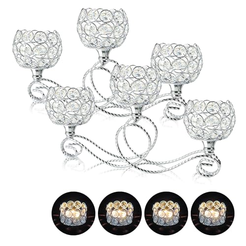 Silver 2 Pcs-3Arm Metal Crystal Tea Light Candle Holder, Elegant Wedding Table Centerpiece Candle Holder, Christmas Wishing Crystal Bowl Candle Holder Suitable for Wedding Party Living Room Decoration