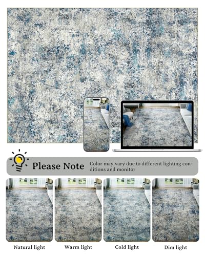 Washable Area Rug for Living Room: 9x12 Modern Abstract Neutral Soft Rug for Bedroom Dining Room No Slip Low Pile Carpet for Nursery Home Office - Grey/Blue
