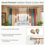 QDWIS Wood Curtain Rods for Windows 48 to 84 Inch,1'' Diameter Drapery Rods with Imitation Wood Grain Leaf Pattern Finials,Boho Adjustable Heavy Duty Curtain Rods Set,36-88'',Color:Natural Wood
