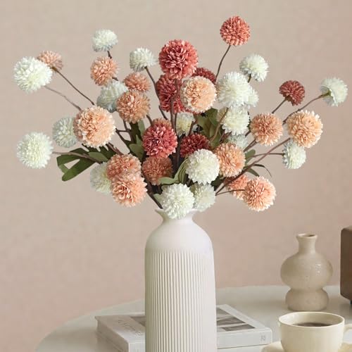 10 Pcs Fake Flowers, Artificial Mums With Long Stems, Faux Pompon Mums Floral Arrangement, 3 Mixed Colors Plastic Flowers Silk Dried Flowers Home Decor, Fall Decorations For Home Vase(No Vase)
