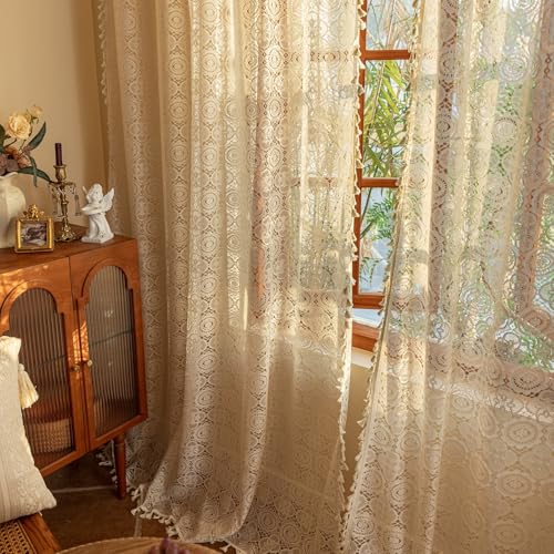 YJ YANJUN Boho Lace Curtains 84 inches Long 2 Panels-Vintage Floral Crochet Sheer Panels with Tassel for Living Room Bedroom Light Filtering Cottagecore Bohemian Farmhouse Drapes Beige W59 x L84