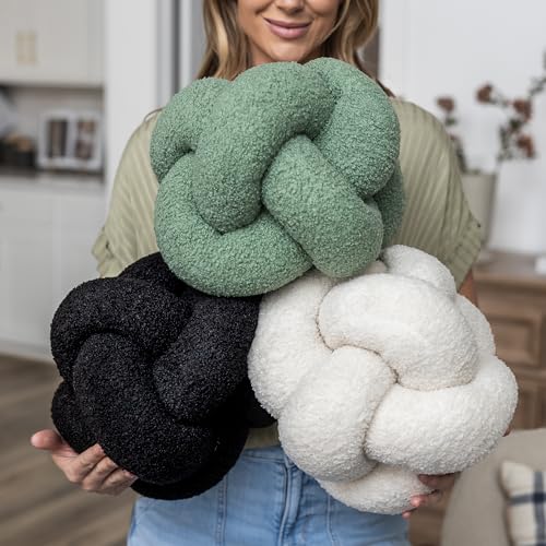 SAMIAH LUXE Vanilla Cream Teddy Boucle Knot Pillow Ball 12", Permanently Stitched Knotted Decorative Throw Pillow, Natural Kapok Fill, Round Accent Pillow for Couch Sofa Bed, Boho Home Decor