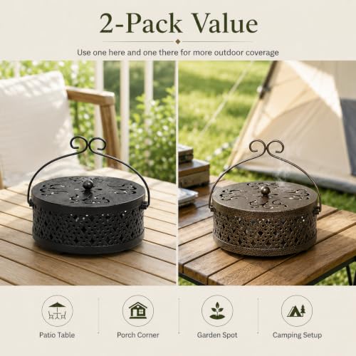 Kingrol 2 Pack Mosquito Coil Holders with Lids, Outdoor Metal Burners | Black and antique brass metal holders with lids to help contain ash for patio, garden, porch, camping, and outdoor tables